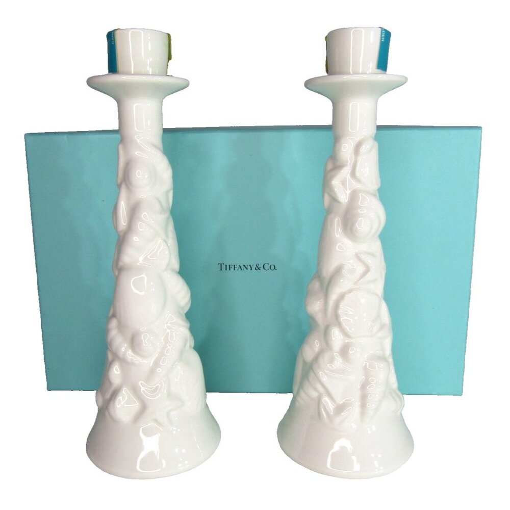 Tiffany & Co. Pair of Este Ceramiche Seashell Candlesticks White Made in Italy